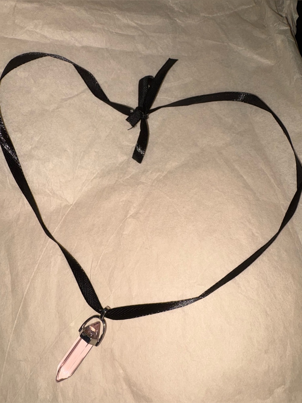 Black Ribbon Choker Necklace with Pink Crystal Pendant